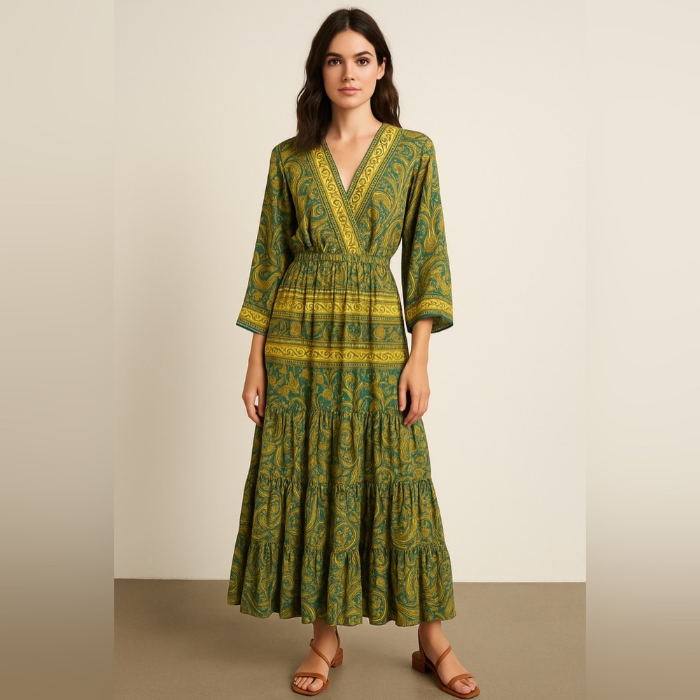 Boho Paisley Maxi Dress Green Yellow V-Neck Tiered‎ Long Sleeve Festival